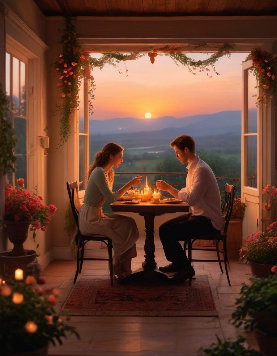 A warm, intimate scene depicting a couple in a cozy setting, engaging in heartfelt conversation over a candlelit dinner, surrounded by symbols of love such as intertwined hearts and blooming flowers. Soft lighting creates a romantic atmosphere, while a subtle backdrop of a gentle sunset inspires hope and connection. The overall vibe should reflect warmth and lasting bonds. super-realistic. vibrant colors. soft focus.