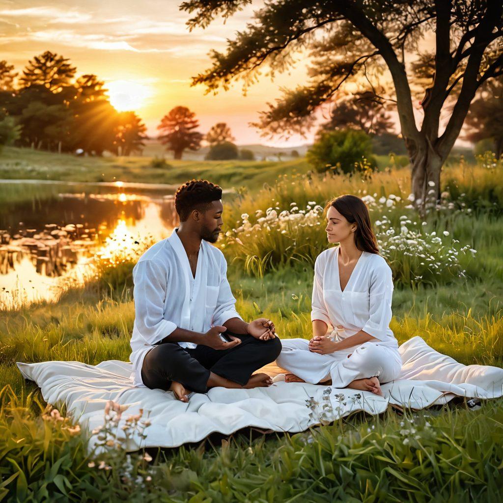 A serene scene of two individuals sitting cross-legged on a soft, grassy meadow, surrounded by blooming flowers, sharing a moment of mindfulness and emotional connection. In the background, a gentle sunset casts a warm glow, symbolizing intimacy and self-care. Soft, flowing fabrics and cozy pillows scattered around enhance the sense of comfort and partnership. super-realistic. vibrant colors. warm lighting.