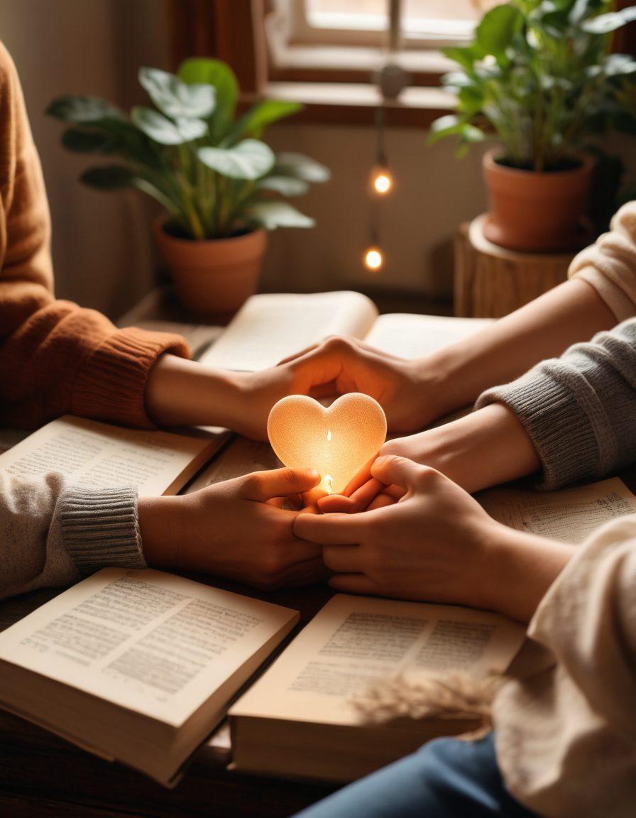 A warm, inviting scene of two people sitting in a cozy, softly-lit room, engaged in deep conversation with smiles on their faces. Include elements of connection such as intertwined hands and a glowing heart symbol above them, symbolizing intimacy. Surround the scene with books on relationships, plants for a fresh feel, and soft cushions to enhance comfort. Emphasize a sense of trust and openness in their body language. super-realistic. warm colors. soft focus.
